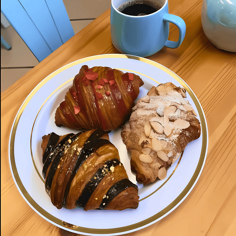 Freshly baked almond and chocolate croissants served on a plate at GG’s Pastry Shop in Mount Airy, MD